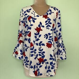 Liz Claiborne Career Woven Floral Voop Neck Blouse 3/4 Bell Ruffle Sleeve NWT